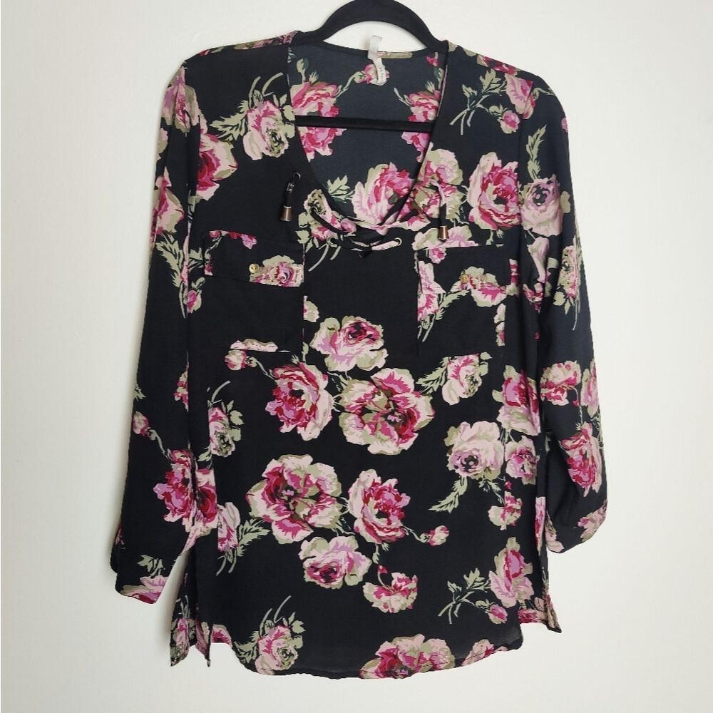 Live 4 Truth Sheer Black Floral Tie Up Blouse, Size M